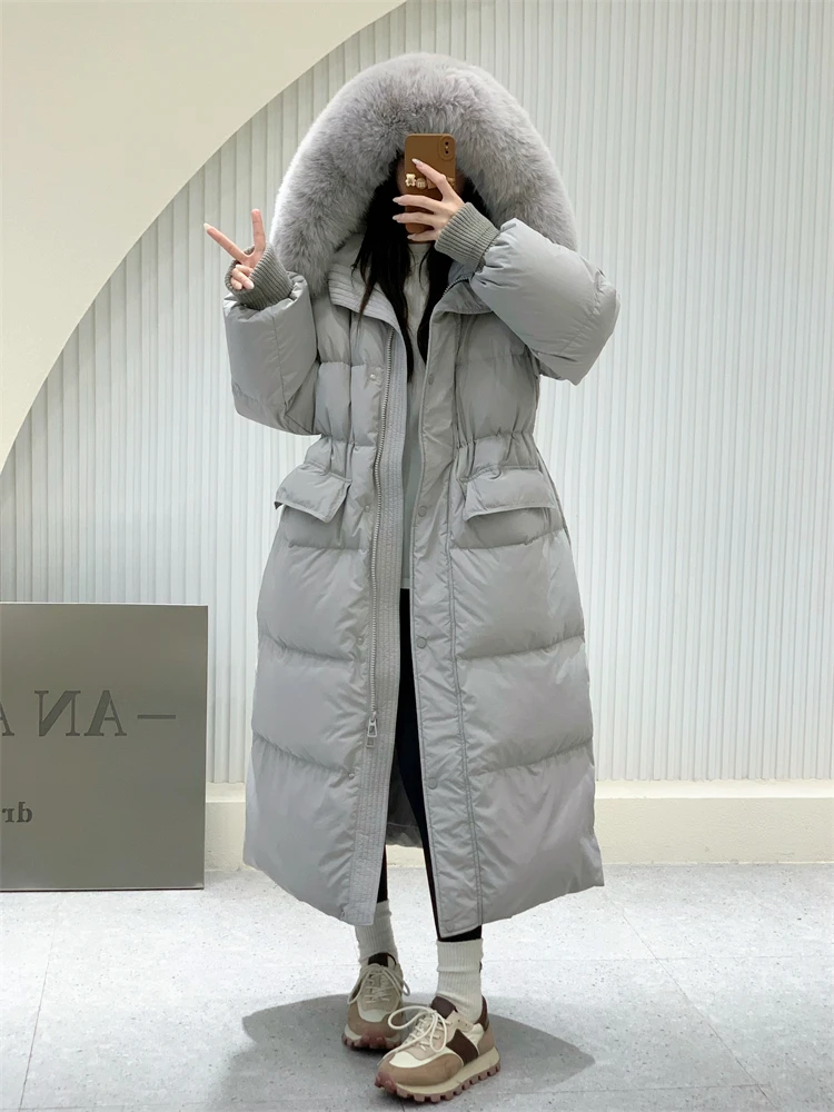 

2024 New Winter Women Real Fox Fur Collar Thick Warm Puffer Coat Hooded Down Jacket Luxury Outwear Female Loose Long Parkas