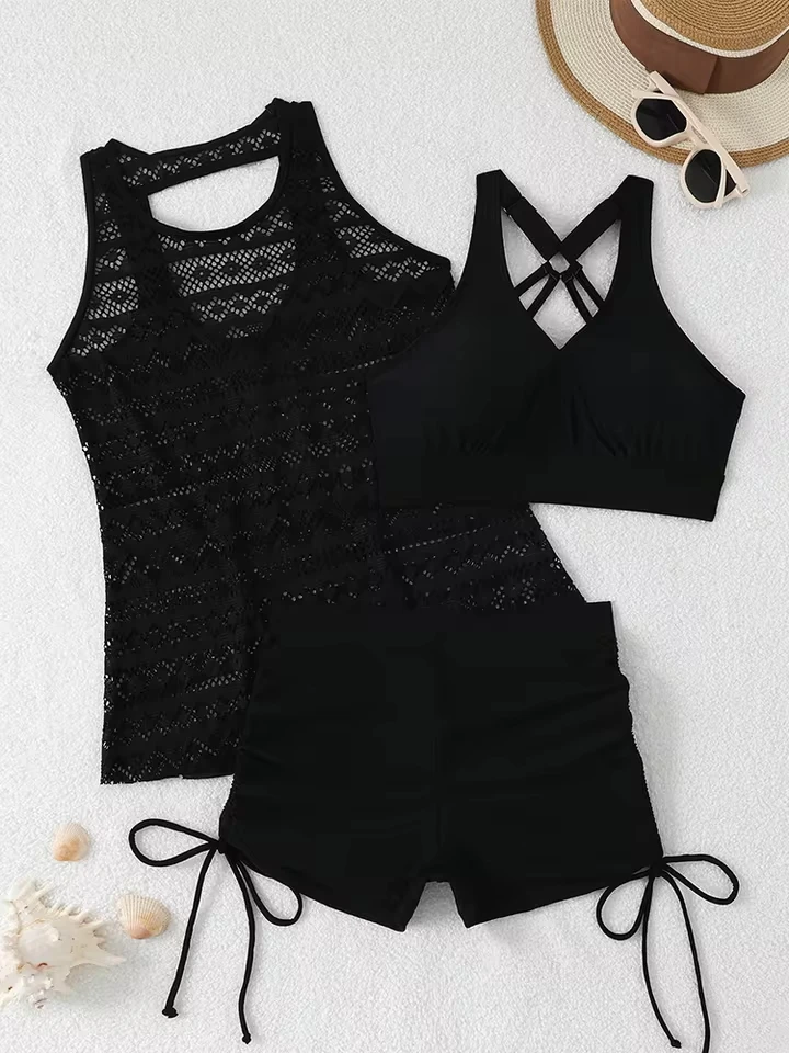 

Vzvn Sexy Solid Drawstring Bikinis Women Split Swimsuit Beach Brazil Bikini 2026 New All Season Bikinis Mesh Smock 3 Piece Set