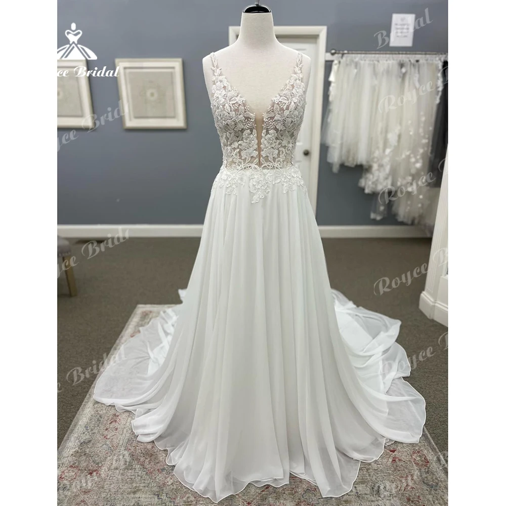 

Roycebridal Robe Civil Lace Chiffon Boho Beach Wedding Dress with V Neck 2024 Backless Chic Bridal Gown vestido noiva boho