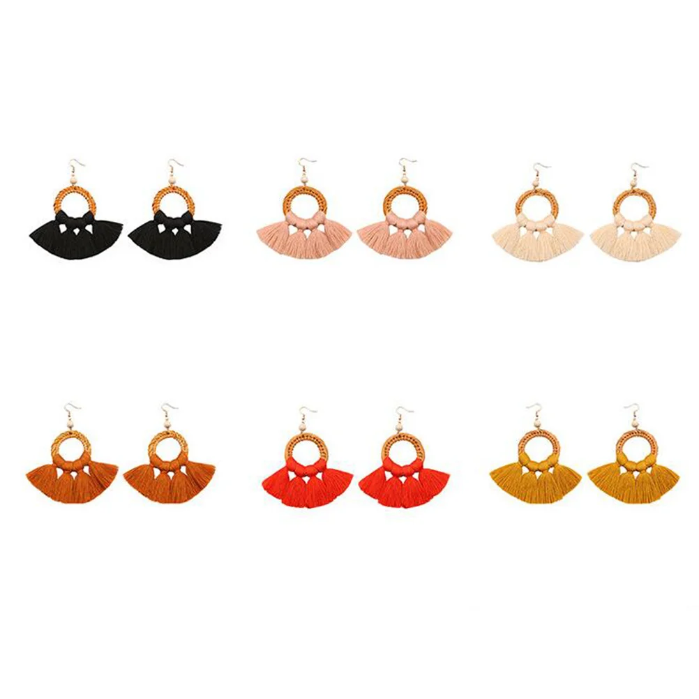 

1 Pair Bohemian Style Rattan Tassel Earrings Handmade Lightweight Cotton Line Portable Dangler Eardrop Jewelry For Women Orange
