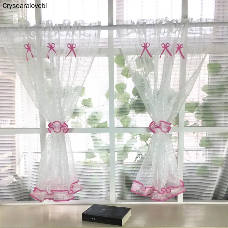 2pcs Customizable Short Tulle Curtain with Ties Pastoral Kitchen Curtains Small Sheer Curtain Drapes for Cabinet/Balcony/Window