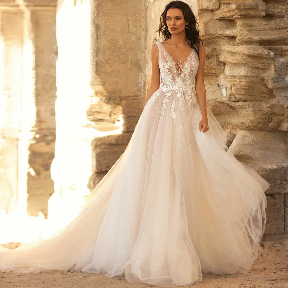 Qcenkeren Vestidos de novia Wedding Dresses Свадебное платьe A-Line Elegant Spaghtti Strap Lace Bridal Gowns For Sexy Women