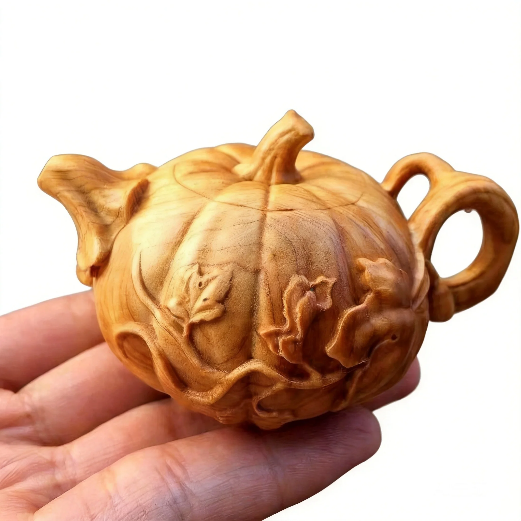 Chinese Style Lucky Wealth Attracting Fortune Hand Carved Thuja Boxwood Pumpkin Teapot Handheld Wenwan Ornament Art Craft Home
