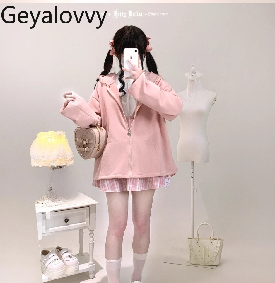 Zipper Coat Lace Ears Hooded Sweatshirt Fashion Casual Hoodies Japanese Style Spring and Autumn Women's Coats 2025 New