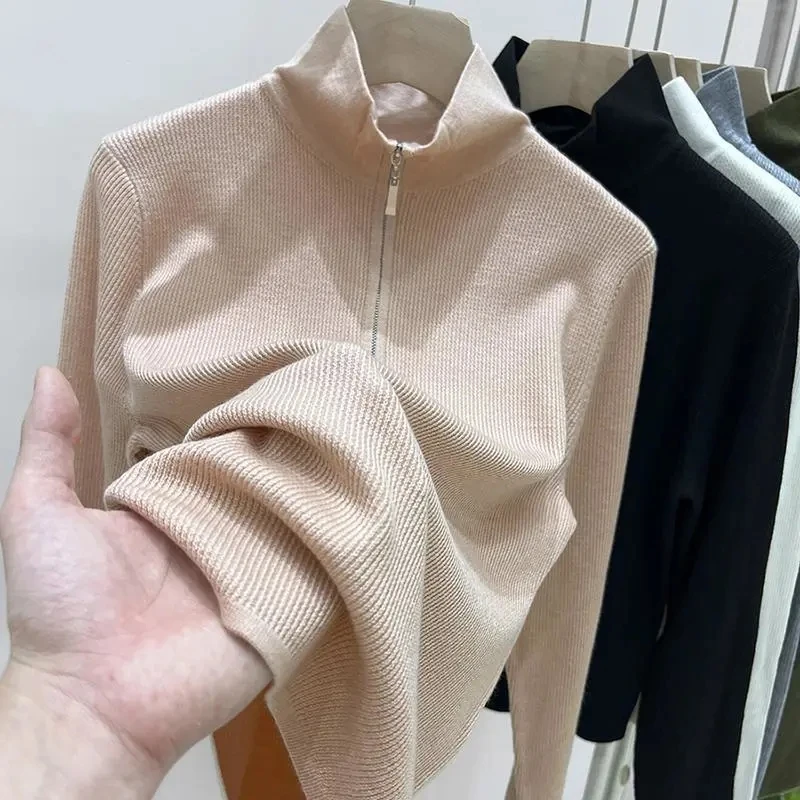 2023 autunno inverno lavorato a maglia donna cerniera collo alto maglione pullover dolcevita maglioni donna di base Slim Fit nero Pull Femme