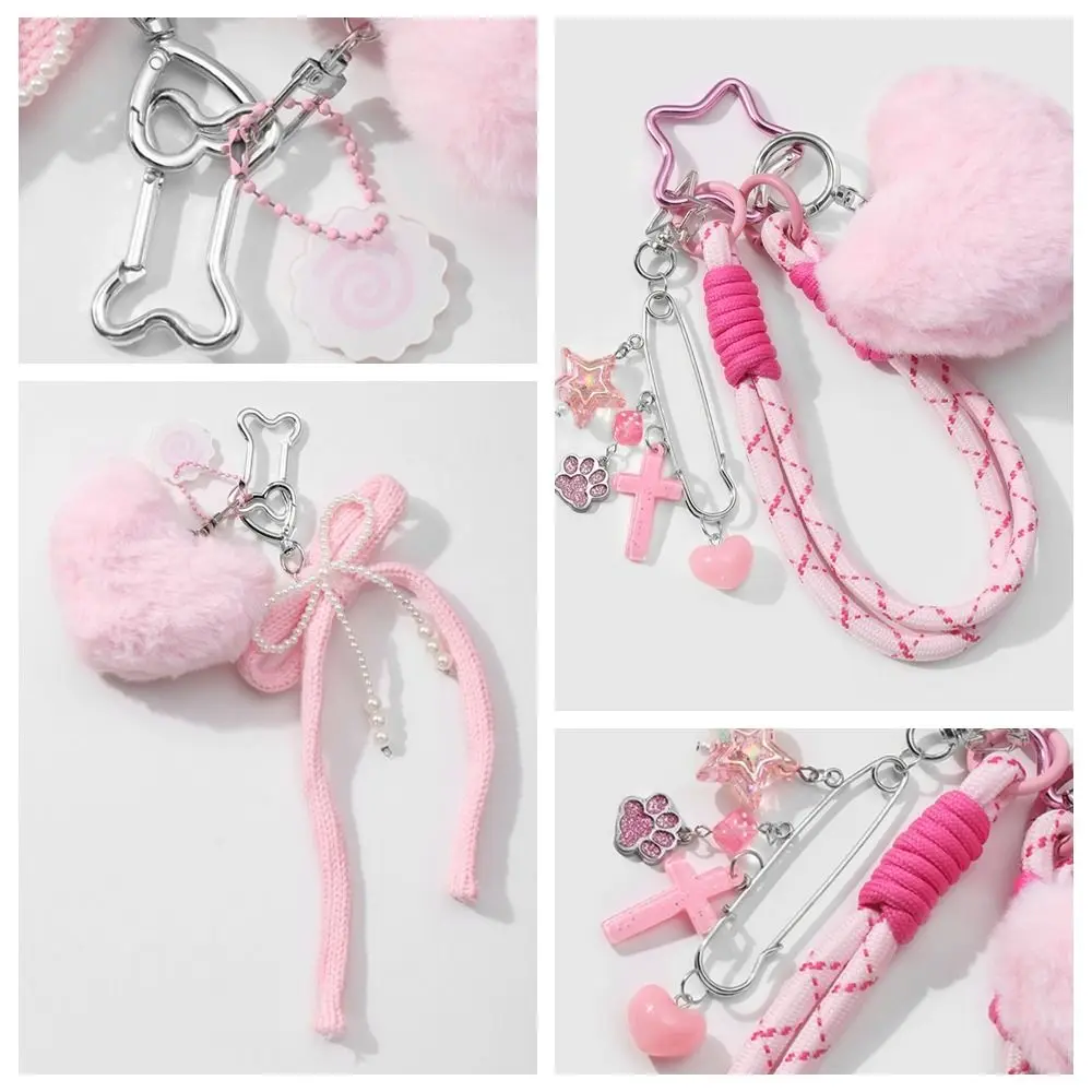 Bow Cute Plush Keychain Pearl Sweet And Lovely Backpack Hanging Ornaments Pink Hand-Beaded Car keychain All-match