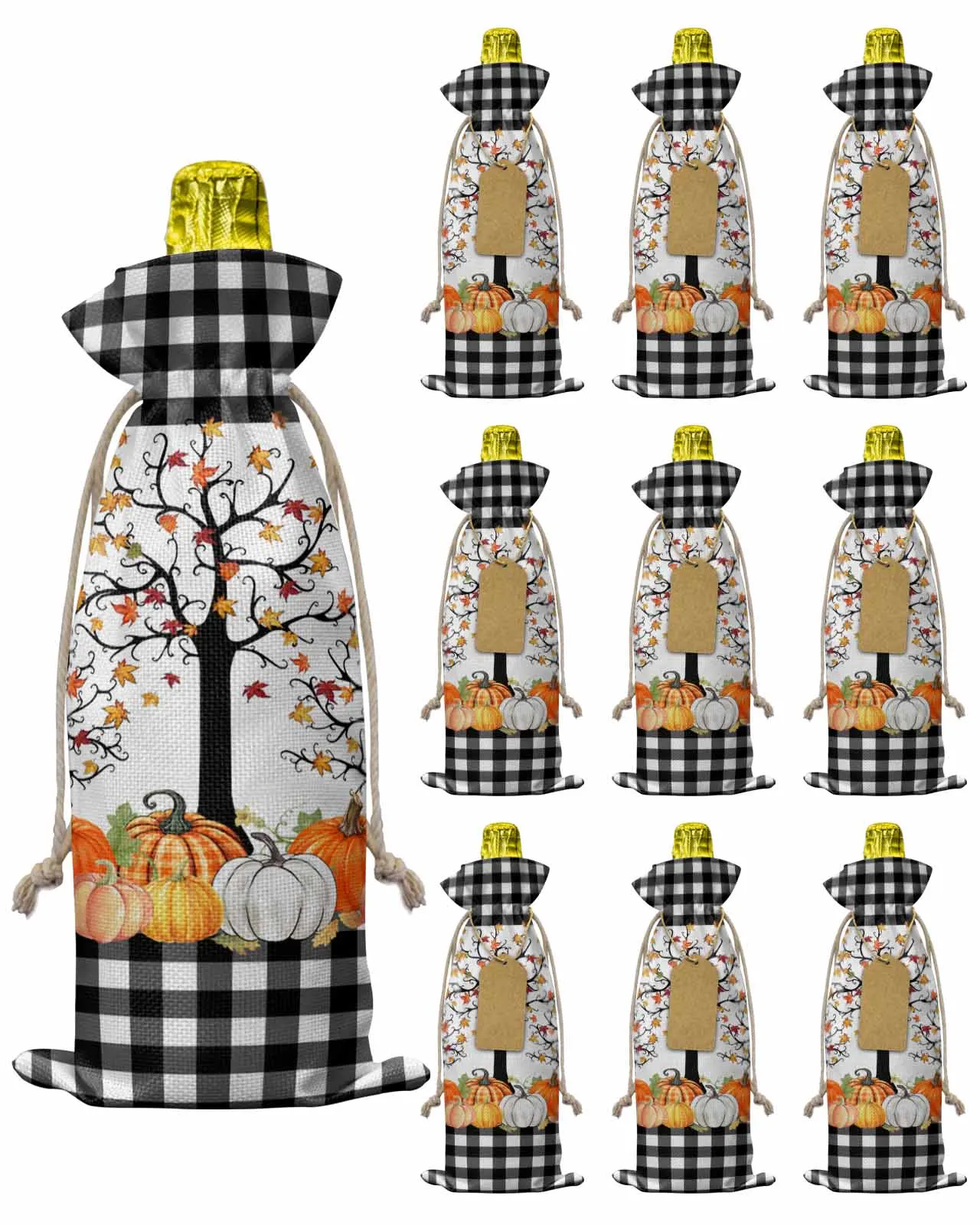 10pcs Tree Leaf Pumpkin GridWine Bottle Bag with Drawstring Festive Party Decor Wine Bottle Covers Gift