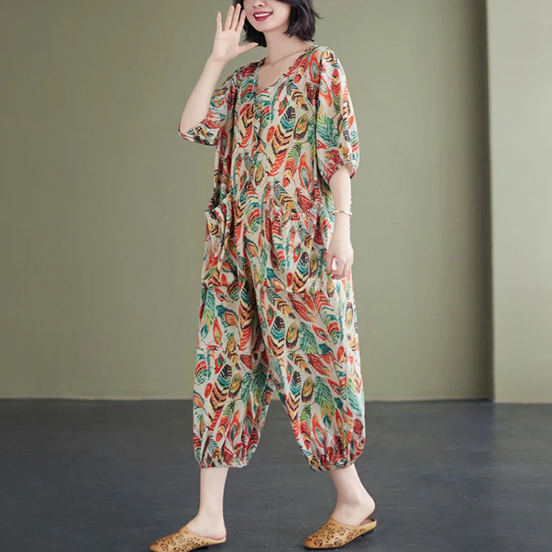 Pantalones informales holgados con estampado de lino y algodón para mujer, monos de talla grande con pantalones tipo farol grandes, pantalones de nueve puntos