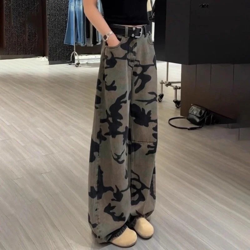 European and American Style Camouflage Workwear Retro Straight Jeans Summer New American High-waist Loose Wide-leg Pants