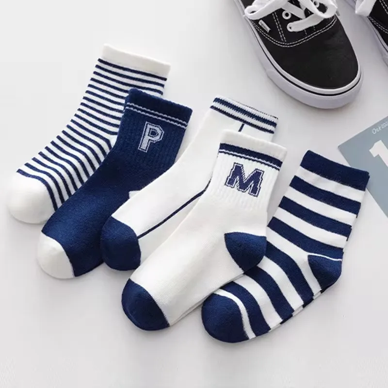 5Pairs/Set Kids Boy Girl Sport Socks Cotton Striped Toddler Middle Tube Sock for Spring Autumn