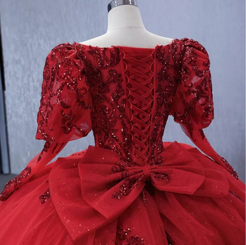 Wine Red Luxury Princess Quinceanera Dresses with Long Sleeve Sparkly Applique Sequins Lace-up Corset vestido de 15 quinceañeras