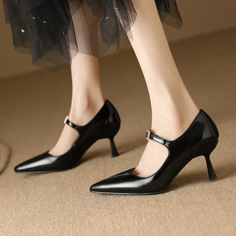 Sexy Point Women\'s Heels Mary Janes Shoes Elegant Black Nude Burgundy Heeled Pumps Large Size Office Party Wedding Shoes Ladies