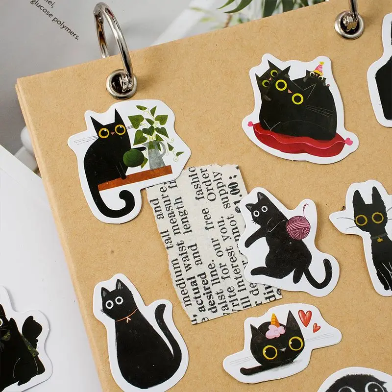 MOHAMM 46pcs Black Cat Box Sticker Animal Account DIY Material Decoration Seal Decal