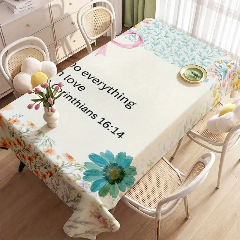 Inspirational Quote Tablecloth, Soft Floral Bible Verse Art Print Waterproof Table Cover, Washable for Indoor Dining Table Decor