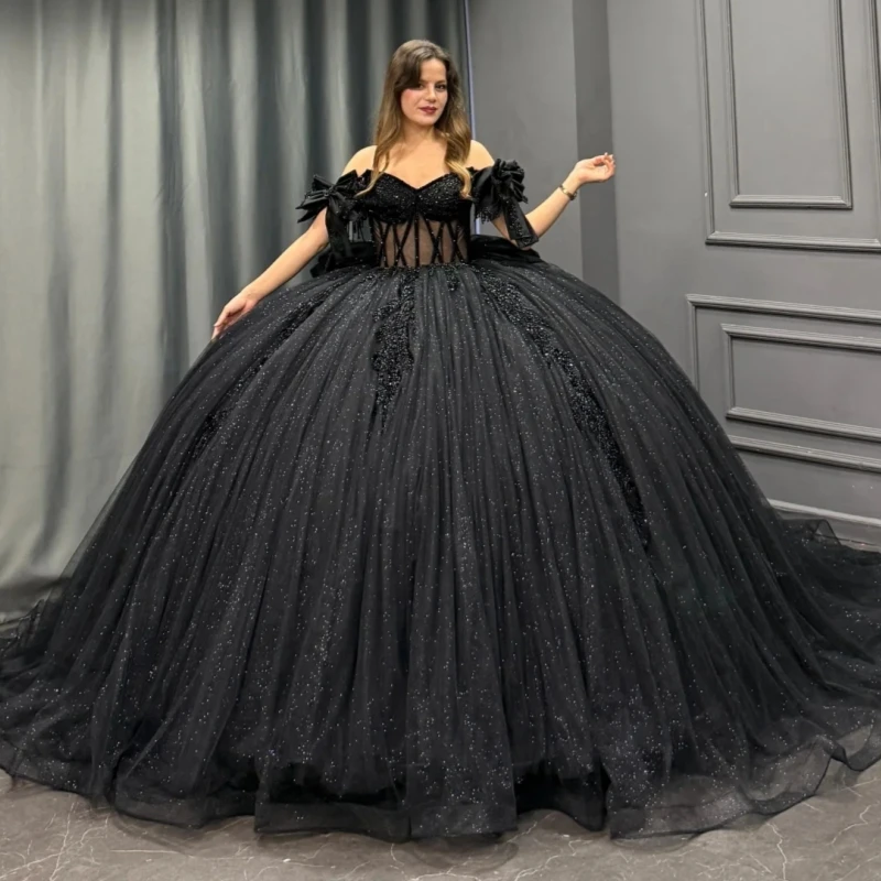 

Black Shiny Quinceanera Dresses Ball Gown Off Shoulder Sequin Applique Lace Beading Crystal Bow Corset Birthday Payty Sweet 16