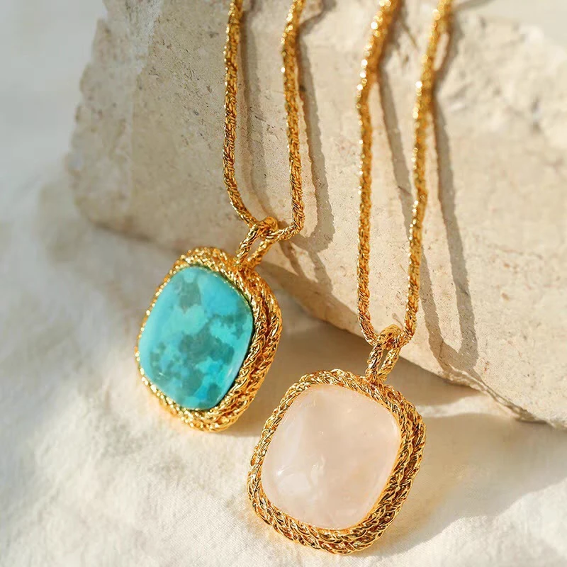 

Brass Twist Chain Natural Stone Square Pendant Necklace Women Jewelry Designer T Show Runway Gown Rare INS Japan Korean Trendy