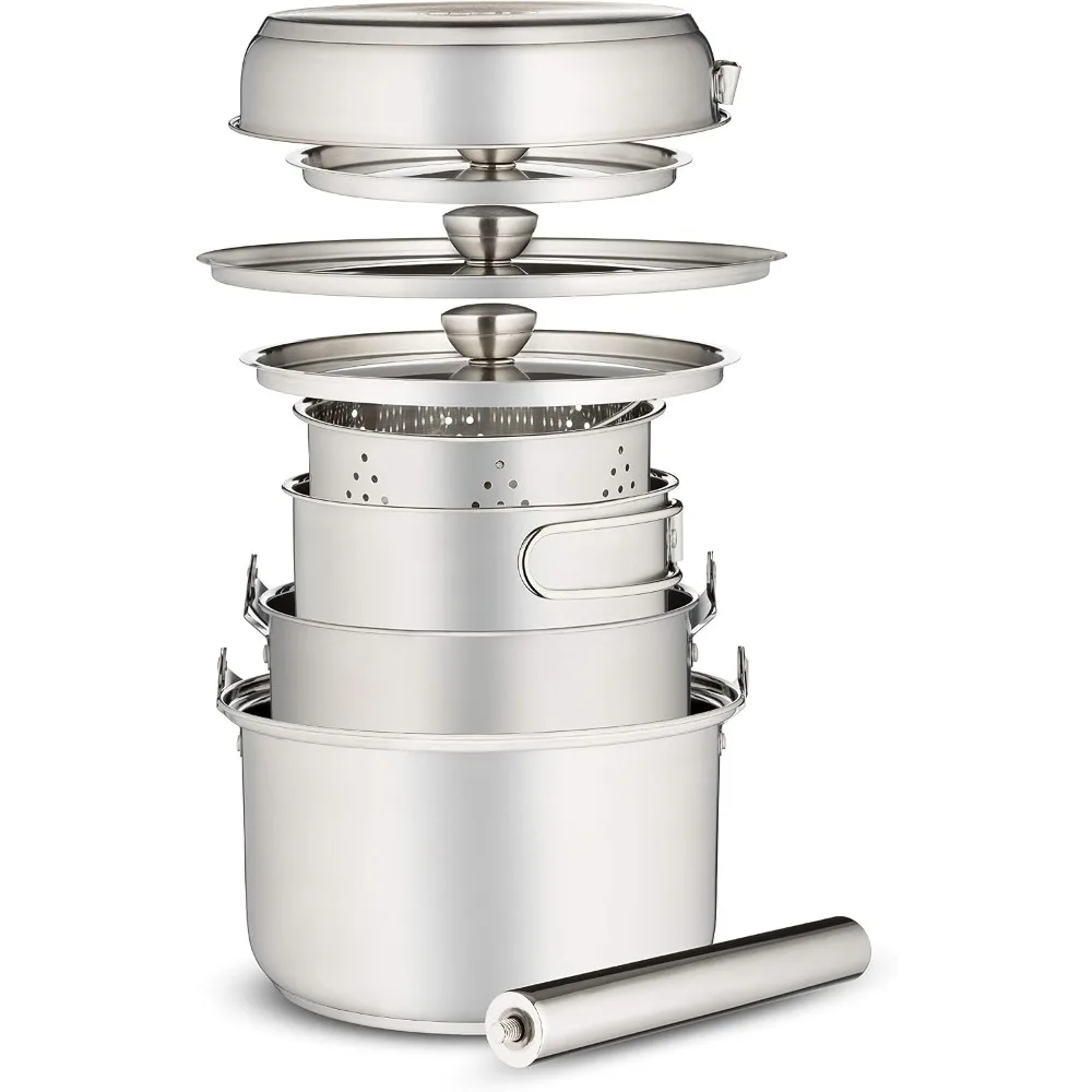 304 Stainless Steel Camping Cookware Set 8-Piece Pots Pans Open Fire Kit with Tote Bag