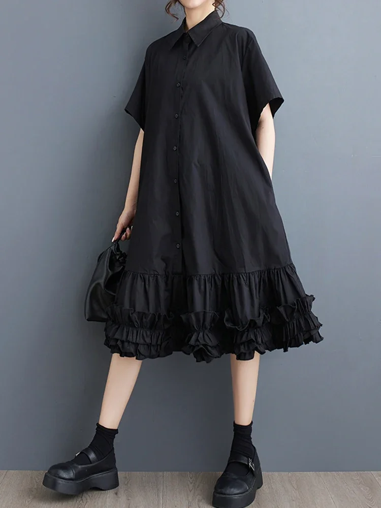 XITAO Casual Shirt Dress Black Simplicity Fashion Splicing Flounced Edge Hem Women Summer New Turn-down Collar Dress WLD20126