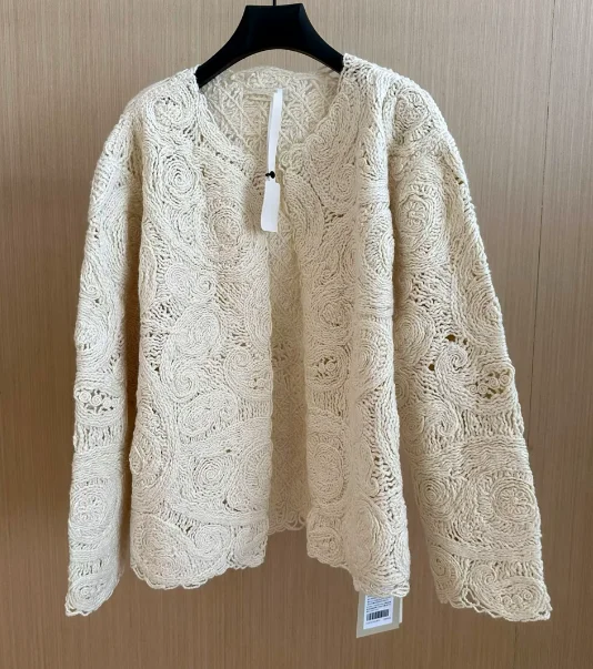 High-End Cotton Crochet Jacket Women Chic French Guipure Lace Open Front Cardigan Ivory Beige