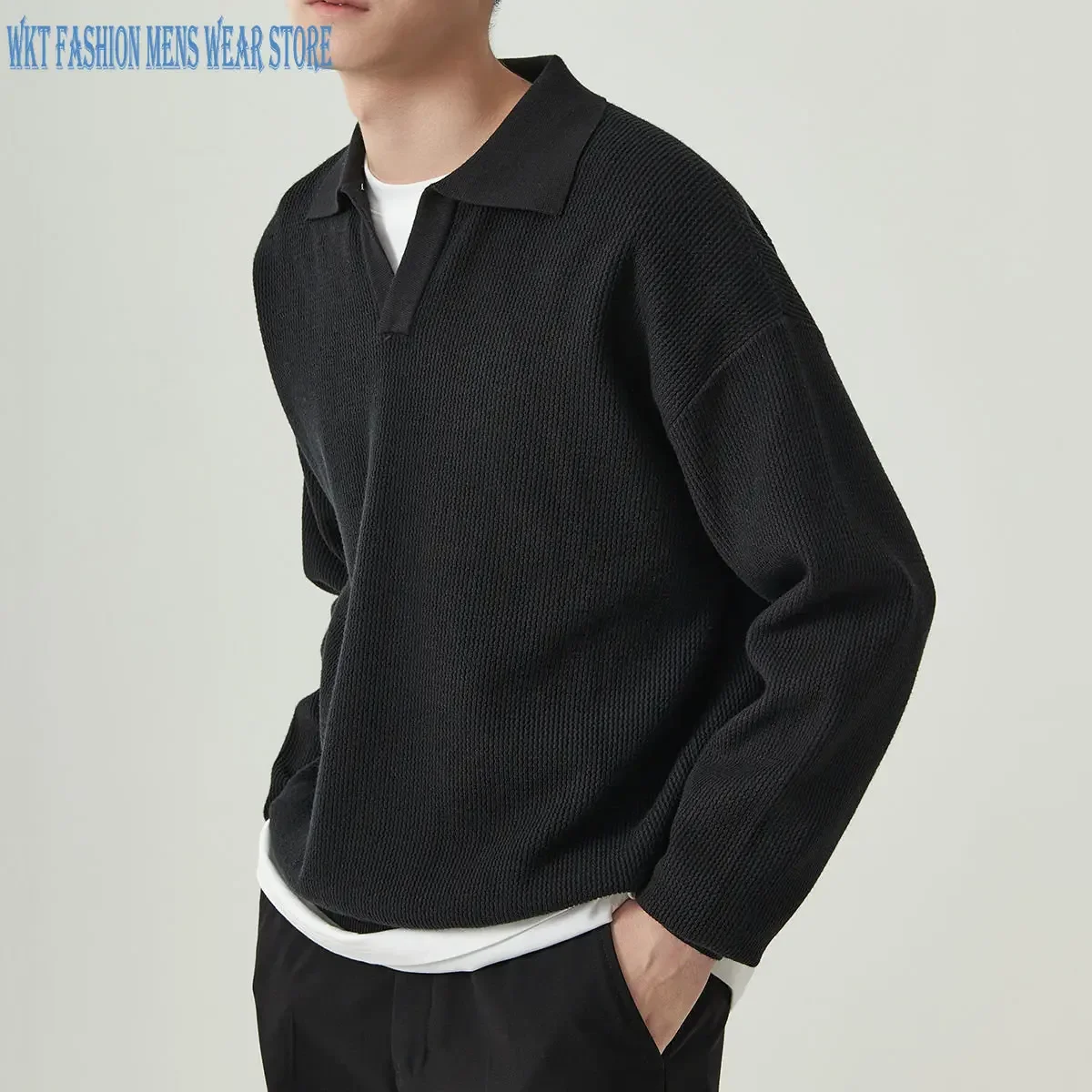 Winter V-neck Fashion Pullover Retro Polo Sweater Polyester Woolly Loose High-End Simple Solid Jumper Knitted Clothes for Men