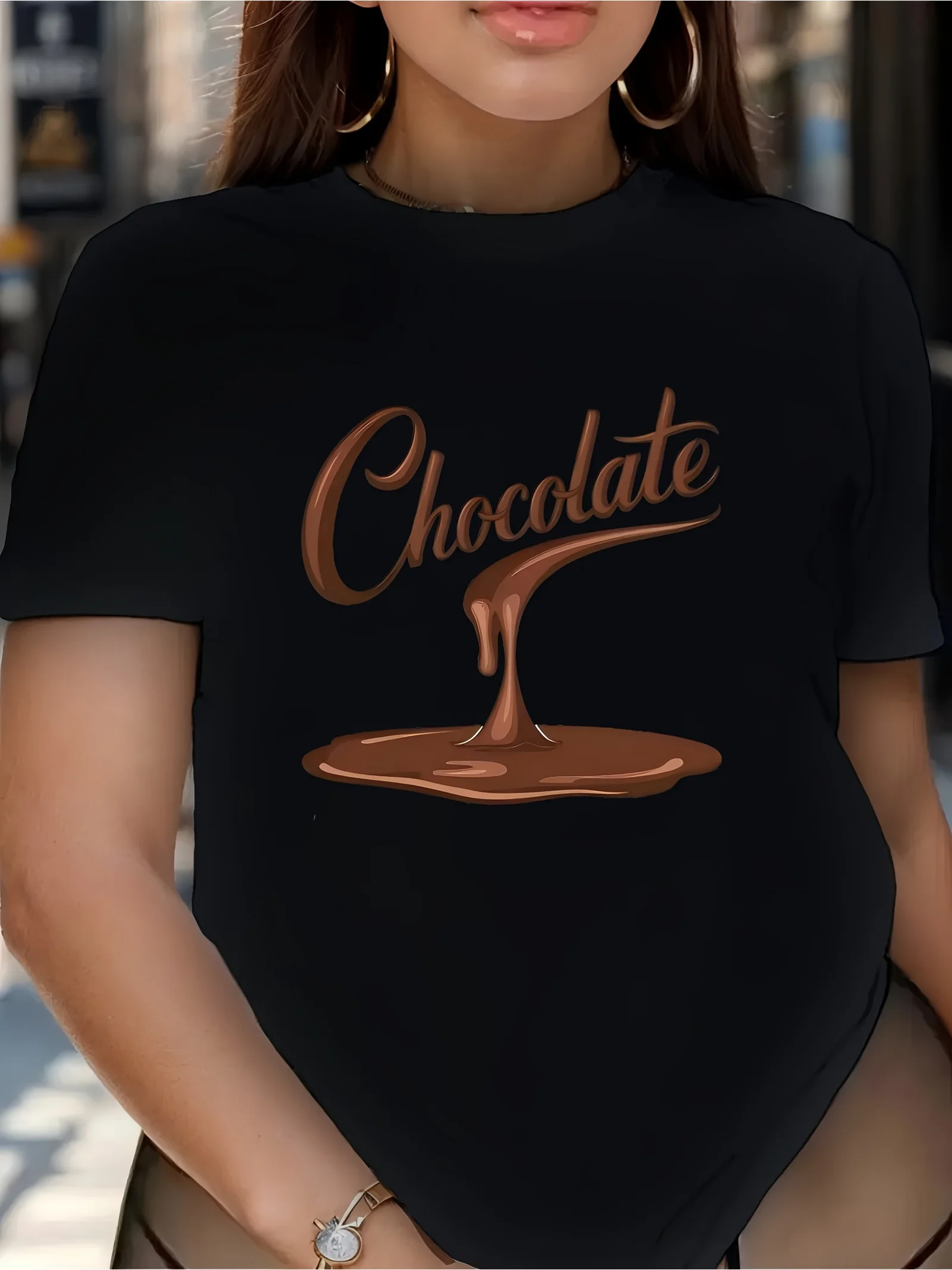 レディース カジュアル ラウンドネックシャツ チョコレート柄 ショート 適した季節 ファッション チョコレート愛好家に適しています