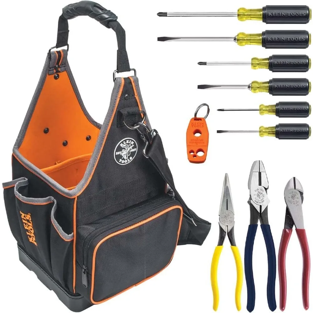 27 Tool Bag Kit features Tradesman Pro Tool Tote, 3 Pliers, 6 Screwdrivers and Demagnetizer / Magnetizer, 11-Piece