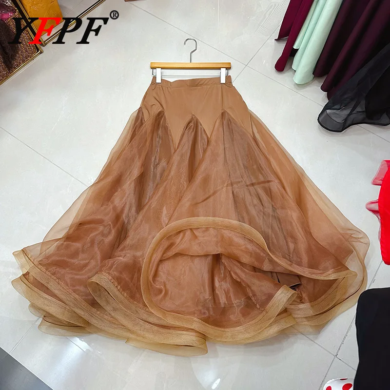 

YFPF Solid Color Skirt 2026 Spring New Women's Organza High Waist Patchwork Solid Color A Line Long Mesh Skirts Casual Clothing