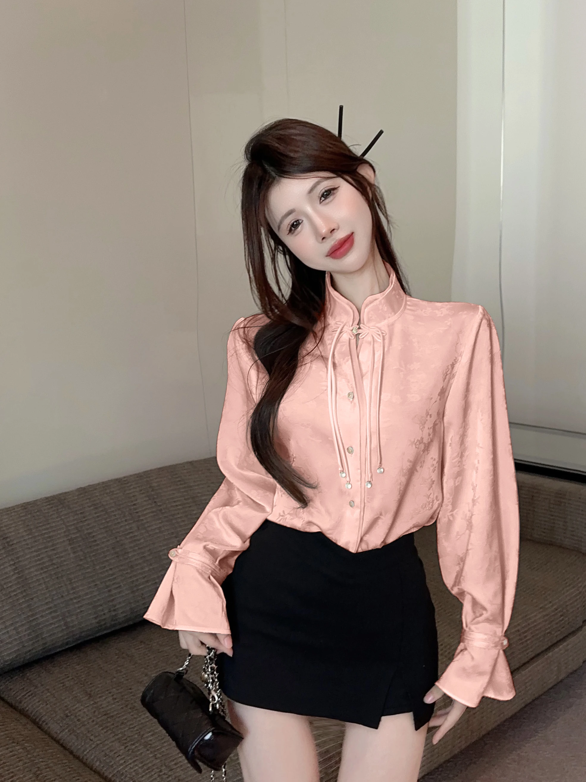 Ele solto chinês sle irt com sves queimados e botão detalhando bordado floral design commute faion top feminino