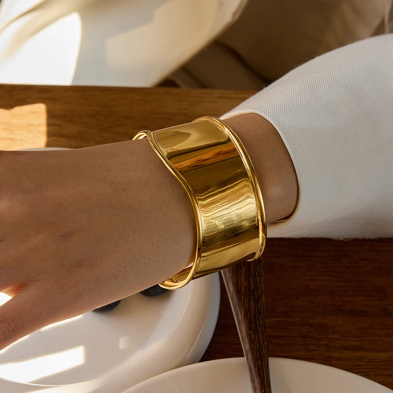 

Unique Statement Open Cuff Bangle - Adjustable Extra Wide 18K Gold Plated Stainless Steel in 19 Styles