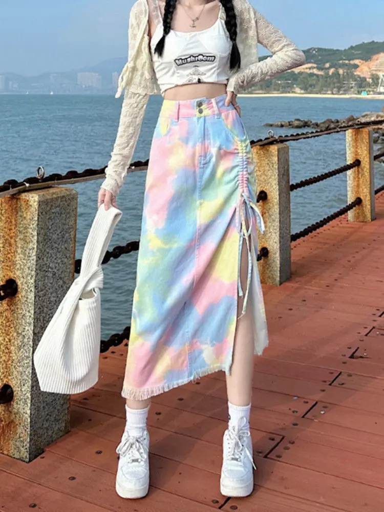 New Irregular Slit Long Skirts Color Tie Dye Ethnic Style Women Summer Slim Drawstring Design Party Bodycon Colored Skirt