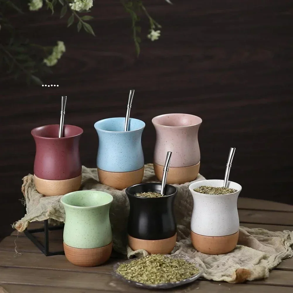 260ml Creative Yerba Mate Cup for Drinkware Gifts Stainless Steel Ceramic Coffee Mugs Straw Spoon Wood Base Milk Water Tea Cup