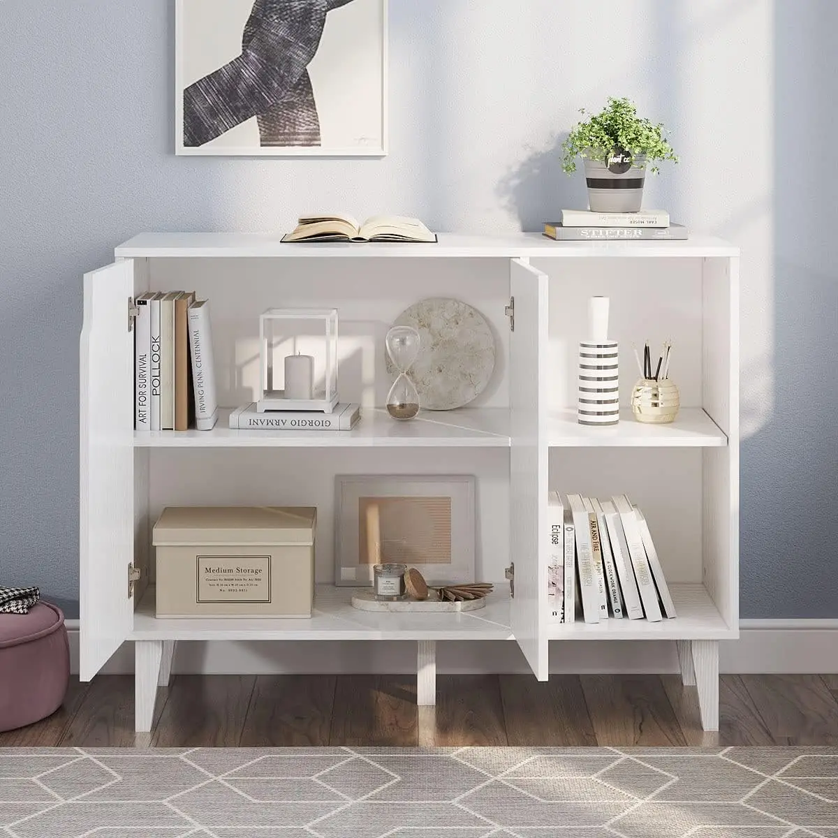 Cabinet Storage Sideboard with 2 Doors 2 Shelves, White, 41.8