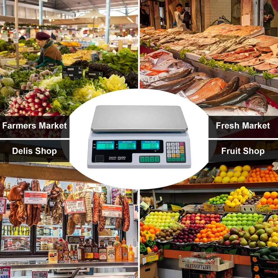 40kg Digitale Preisberechnungswaage aus Edelstahl für den gewerblichen Einsatz mit dreifachem LCD-Display, Tarafunktion, Preisspeicherung, für Gemüsehändler, Obst, Gemüse, Metzger, Marktstände und Einzelhandel – Detail 4