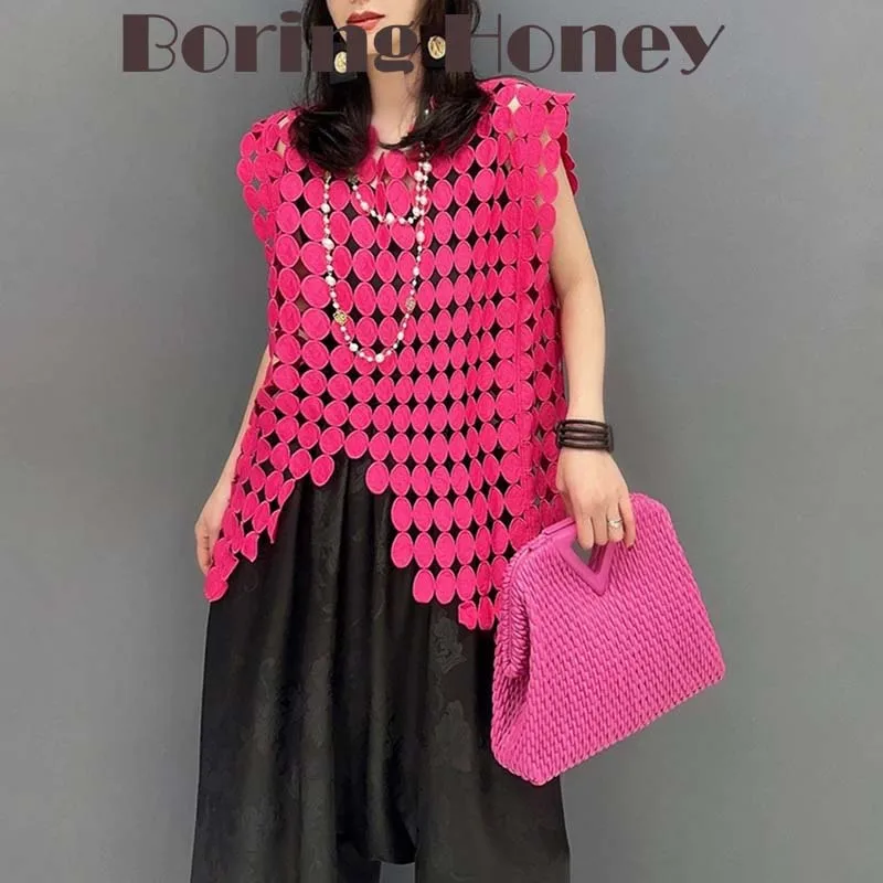 

Boring Honey Spring Summer Fashion New Pullover Vest Korean Loose Sleeveless Polka Dot Blouse Hollow Classic All-Match Top Women