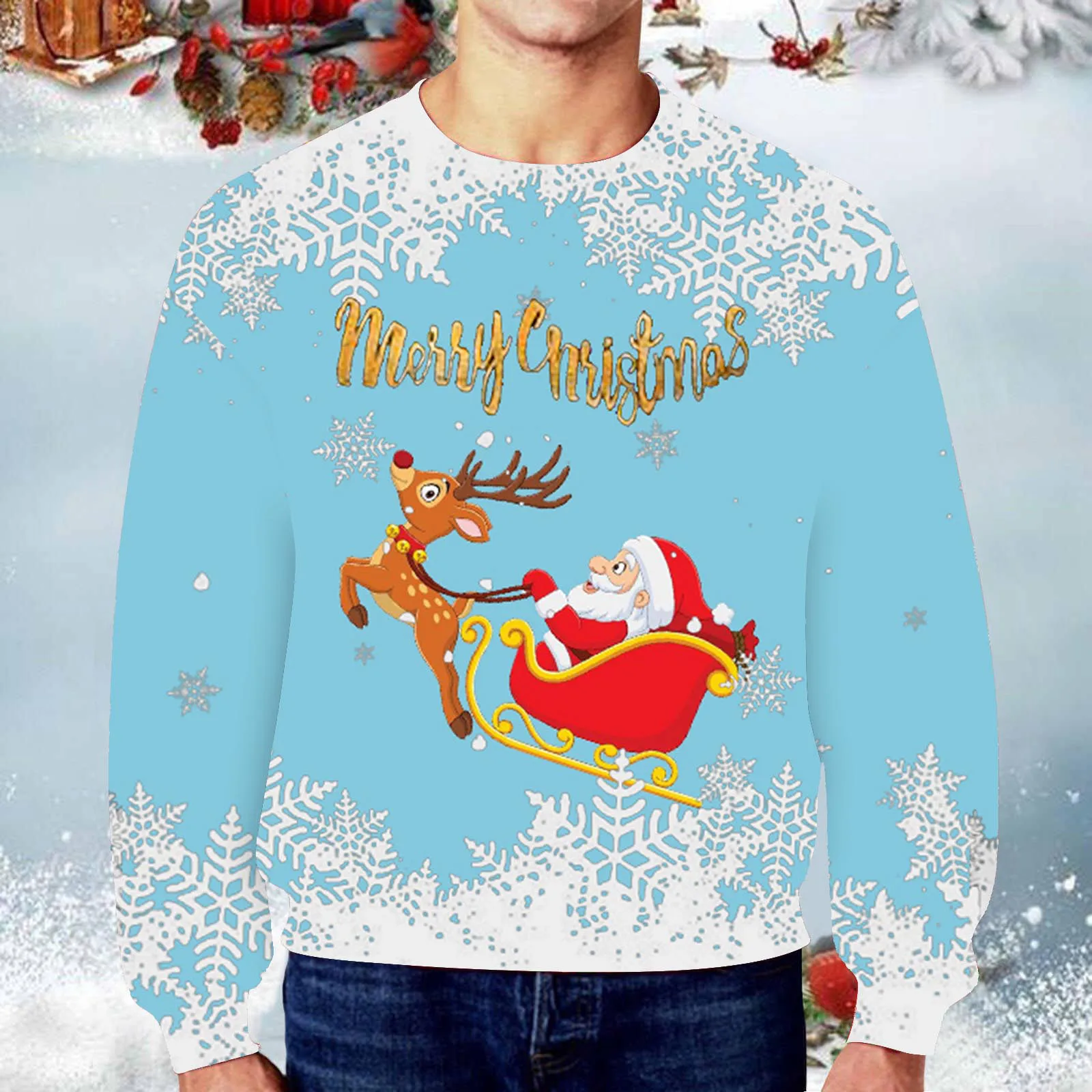 Merry Christmas Sweatshirts Men's Winter Autumn Santa Deer Snowflake Print Blouse Casual Long Sleeved Round Neck Pullover Top