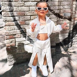 1-8Y Kids Casual Clothing Sets Outfits for Girls 2023 Autumn Children White Short Jacket+Crop Tops+Flared Pants Clothes Outfits