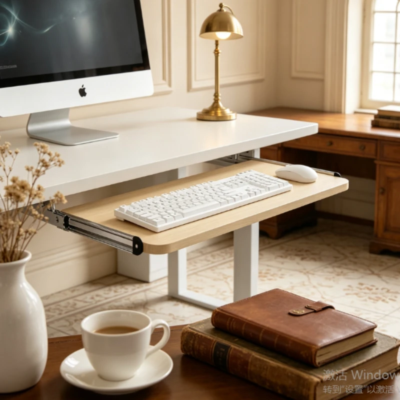 Under Desk Keyboard Tray Wooden Slide Out, Heavy Duty Computer Desk Keyboard Holder with Thick Slide Rails for Office Home