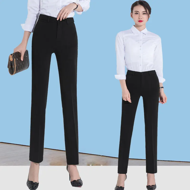 High Waist Straight Leg Work Pants Women's Loose Fit Style Black Tailored Trousers for Professional Settings