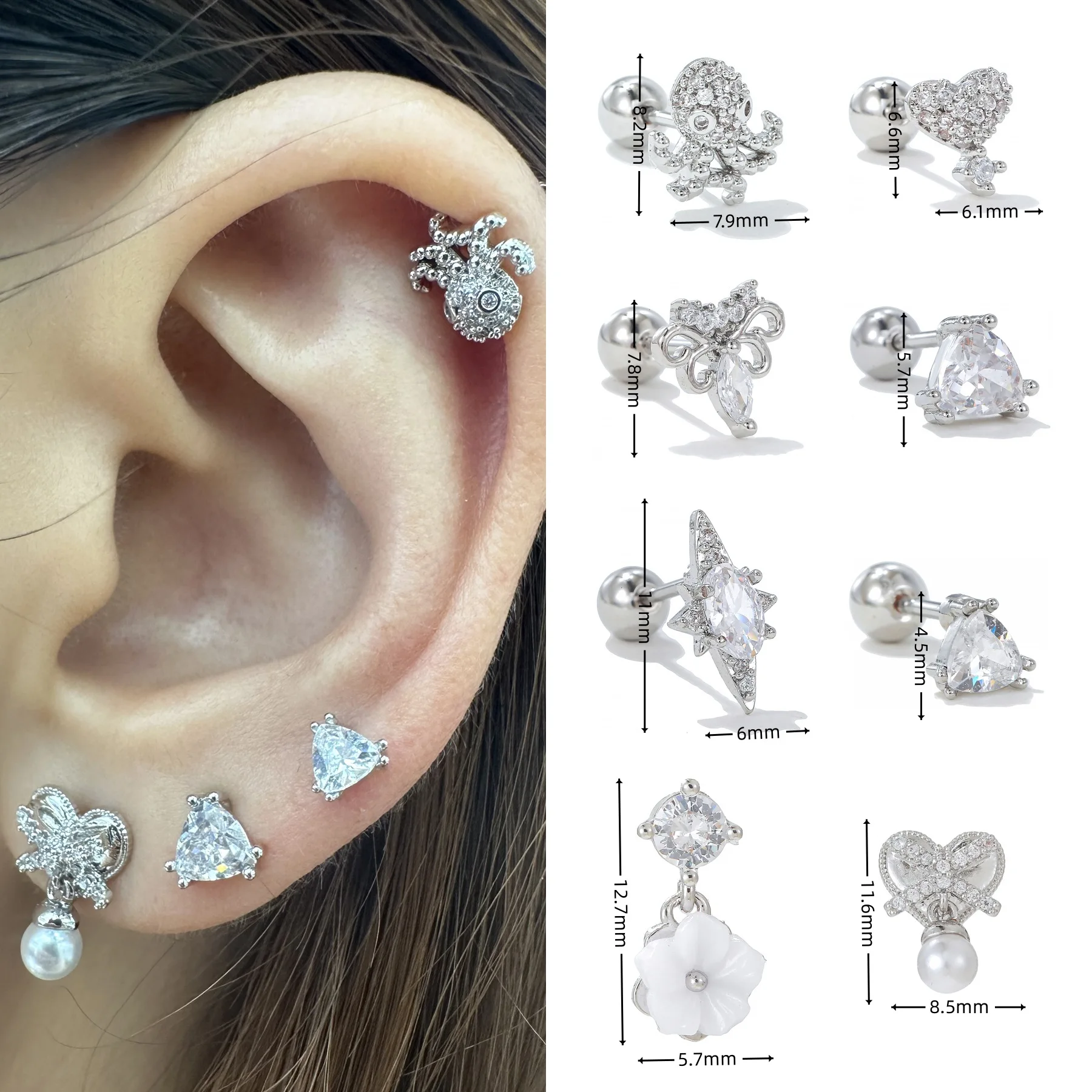 One Piece Zirconia Octopus Heart Butterfly Flower Screw Buckle Puncture Stud Earrings for Women Fashion Jewelry Cute Accessories