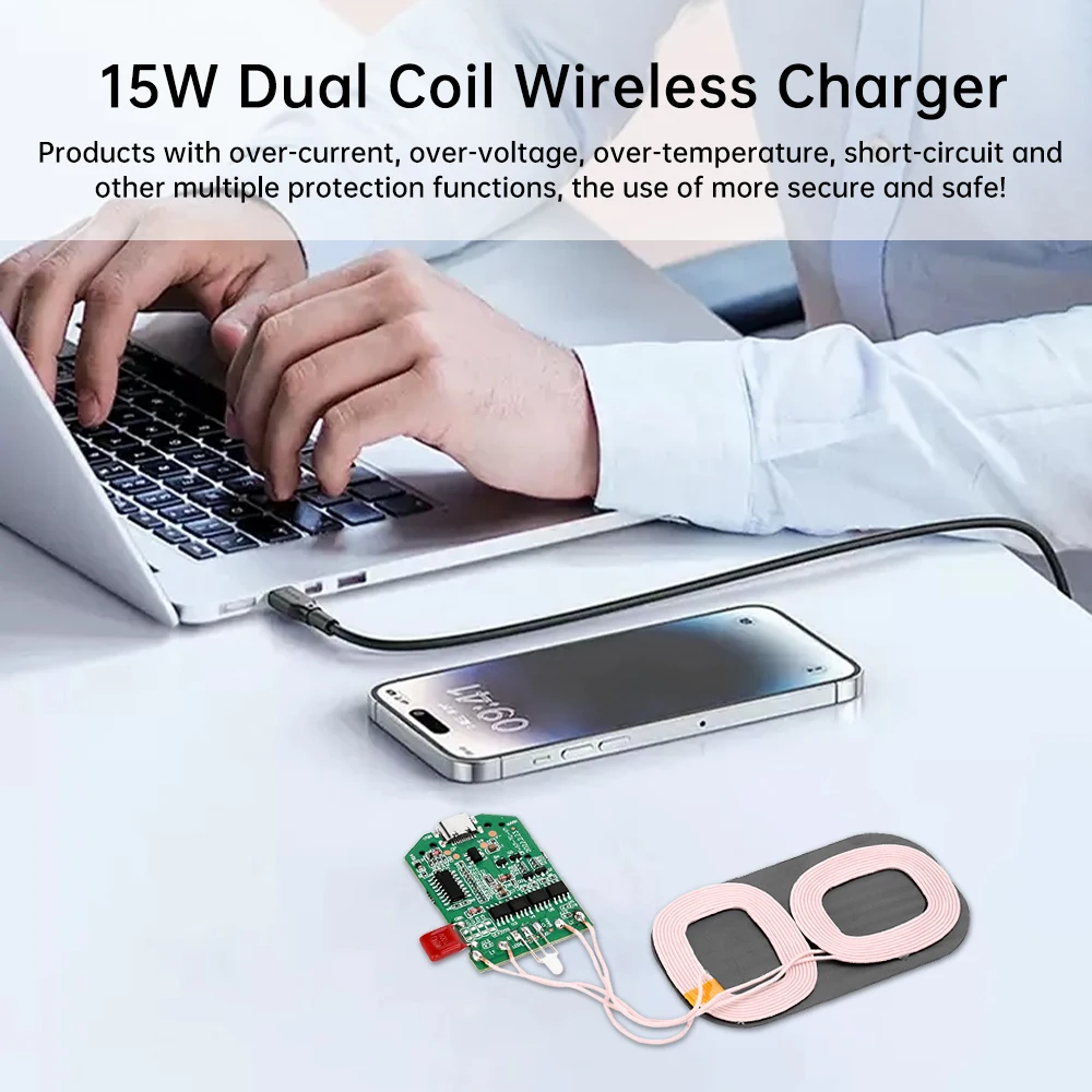 15W Dual Coil Wireless Charging Transmitter Module Car Wireless Charging Type-c Interface 5W/7.5W/10W/15W