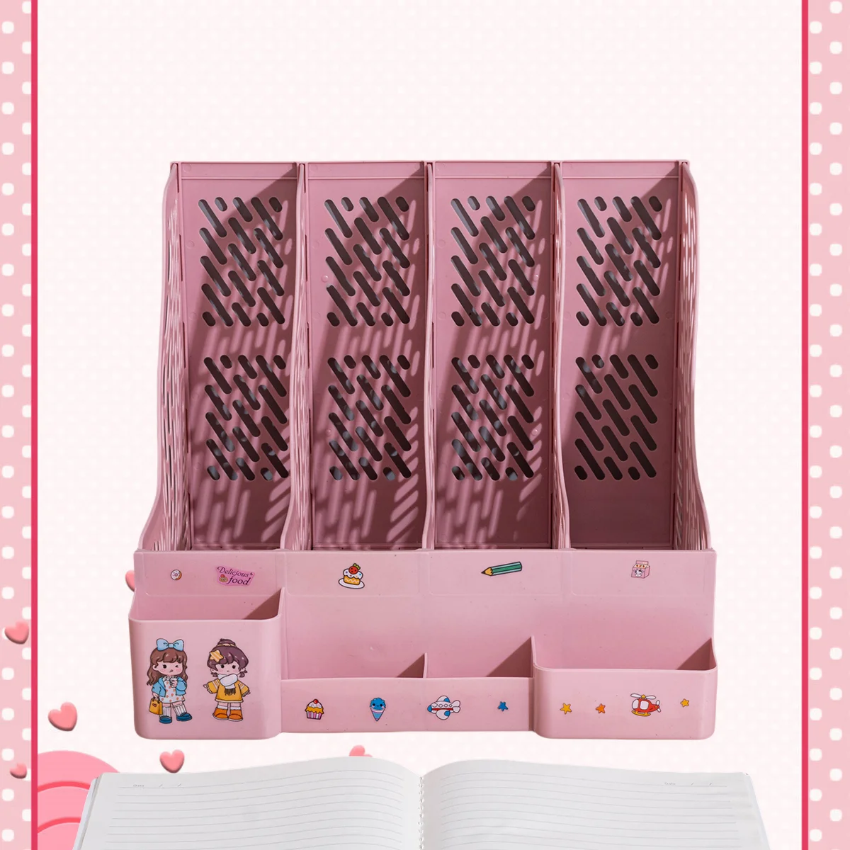 

Four-Column Desktop Bookend Bookshelf Desk Book Storage Rack Office Dormitory File Storage Rack with Pen Holder and Cartoon Stickers