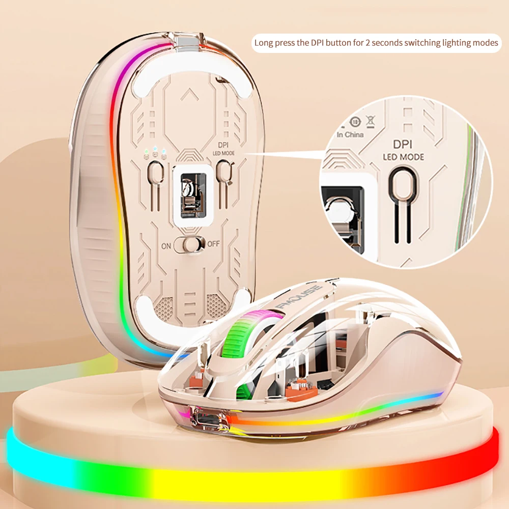 

New Fully Transparent Mouse Bluetooth Wireless Tri-mode Mute Led Lamp Type-c Mice 2400dpi Intelligence Office Gift