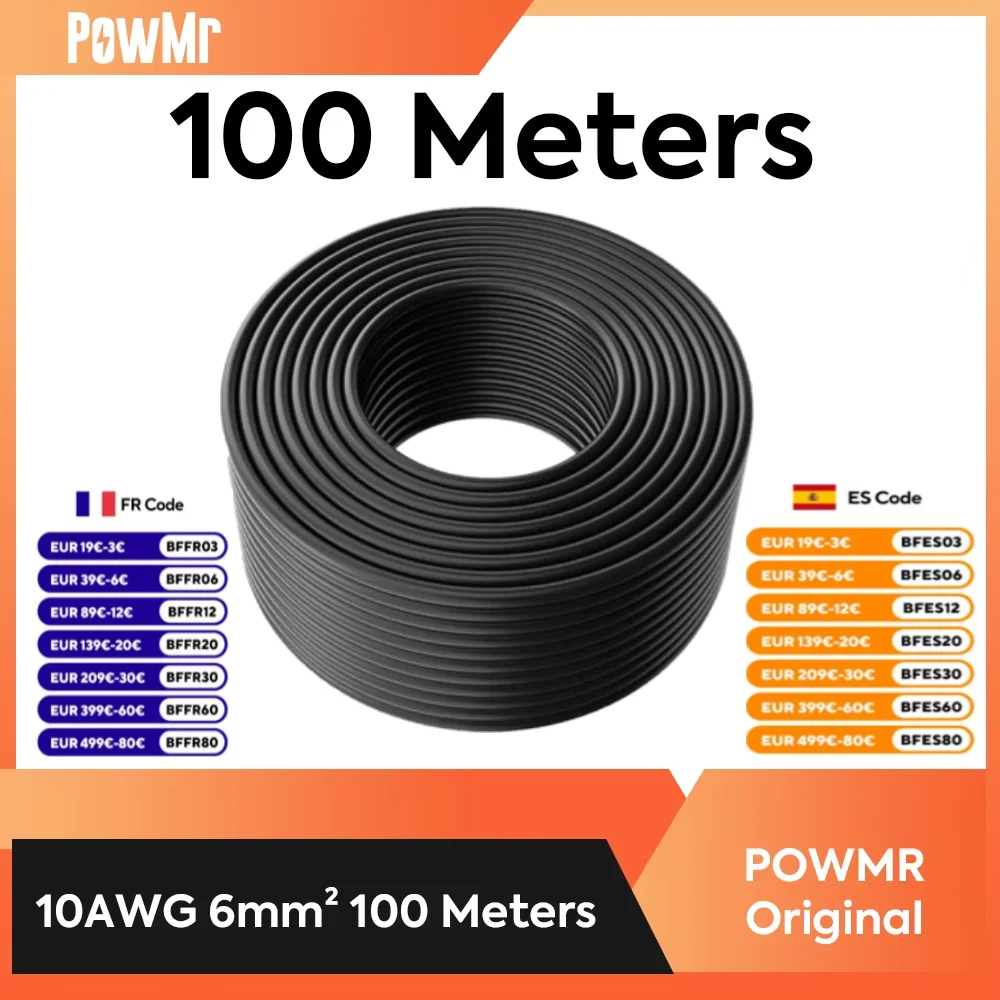 PowMr 100m Solar Cable 6 mm² Black Solar PV Cable IP68 Extension for Solar System Photovoltaic System Solar Panel DE USA Stock