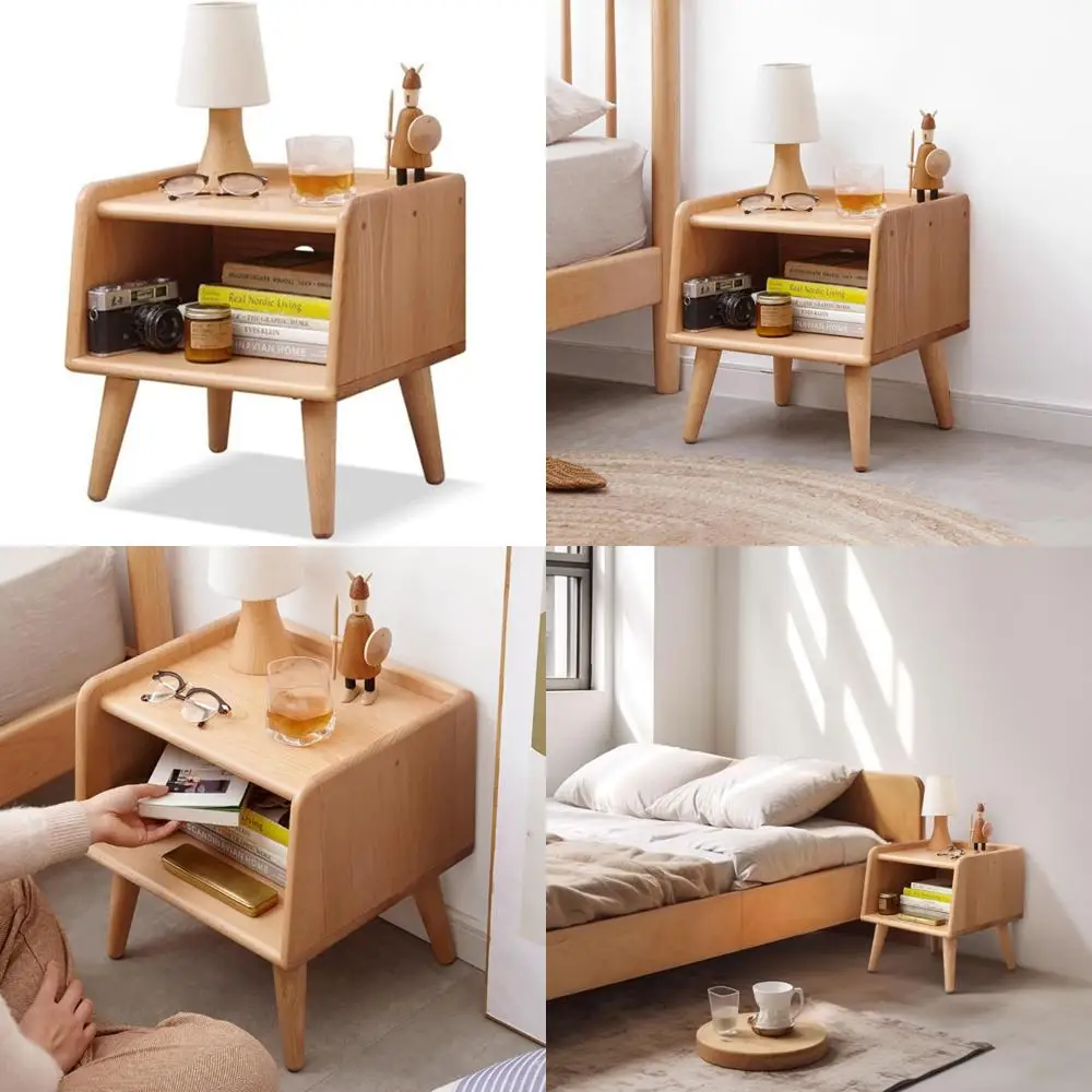 mid-century natural wood nightstand: open storage for bedroom or dorm