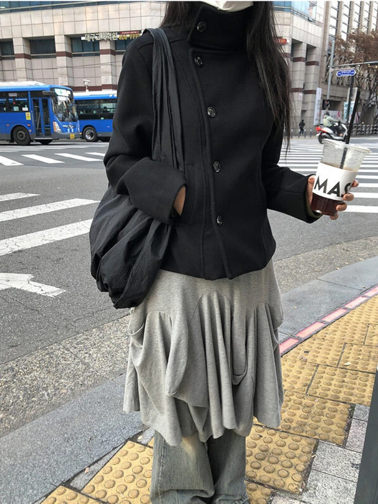 Winter Clothing Design - เสื้อโค้ทคอตั้งแบบกระดุมเดี่ยวสไตล์สตรีทเกาหลีใหม่สำหรับฤดูใบไม้ร่วงและฤดูหนาว เสื้อโค้ทลำลองสไตล์ Y2K Spice Girls สำหรับใส่ในชีวิตประจำวัน