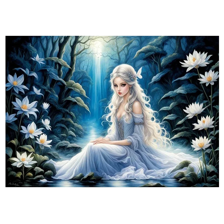 White Hair Fairy 5D square diamond painting flower fairy Full Round Diamond Embroidery Mosaic Pretty Girl picture home decor art