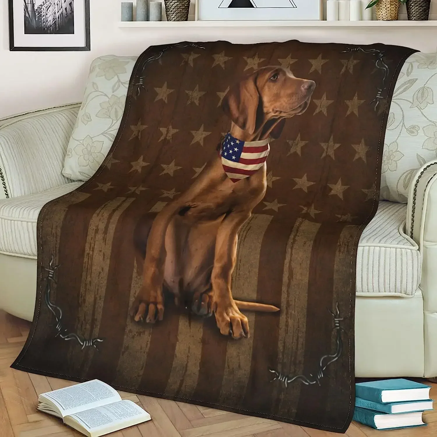 Wooden American Flag Vintage Patriotic Vizsla Dog Patriot Retro pet Animal Blanket Flannel Themed 3D Printed Ultra Soft