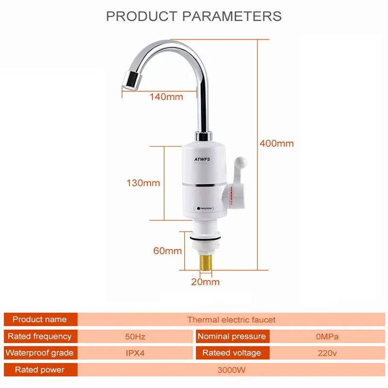 ATWFS Tankless Electric Newest Water Heater Kitchen Instant Hot Water Tap Heater Water Faucet Instantaneous Heater3000w