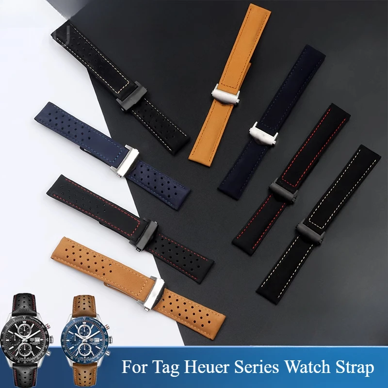 For Tag Heuer Series Men's Genuine Cow Leather Watchbands 20 22 24mm Sweatproof Breathable Effective Antibacterial Watch Strap