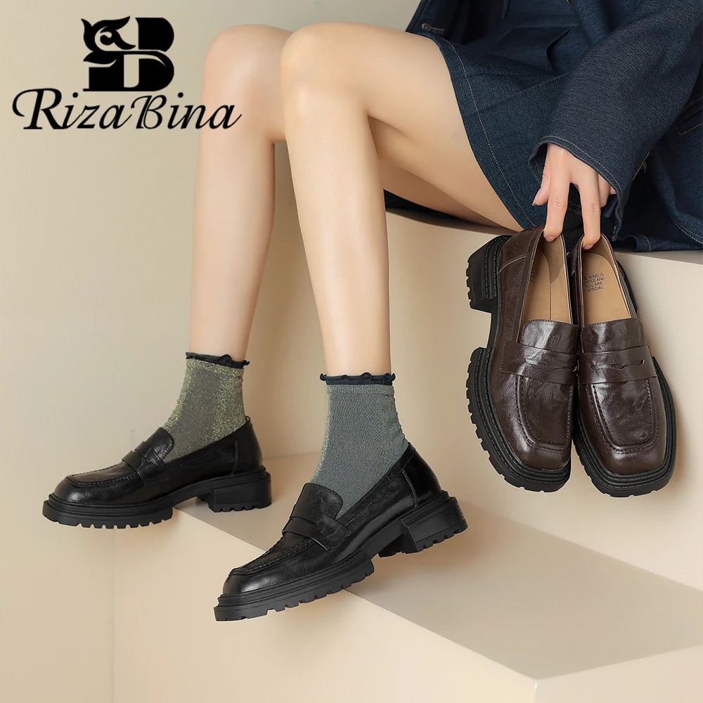 RIZABINA Real Leather Women Platform Loafers Shoes Fashion Square Toe Slip On Flats Shoes Lady Non-slip Casual Shoes Size 34-40